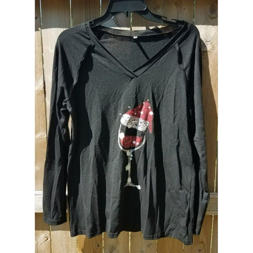 2X Women's Long Sleeve T-Shirt Top Wine Glass Christmas Santa Hat